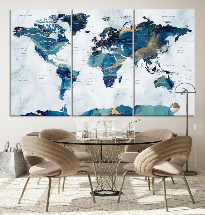 The modern living room showcases the Blue Green World Map Wall Art Canvas Print, a captivating three-panel artwork crafted on museum-quality canvases with a UV-protective coating.