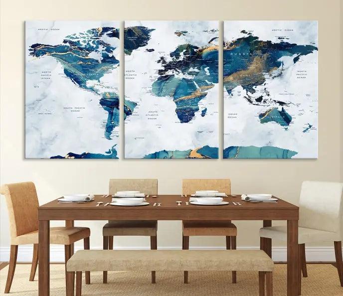 The modern living room showcases the Blue Green World Map Wall Art Canvas Print, a captivating three-panel artwork crafted on museum-quality canvases with a UV-protective coating.