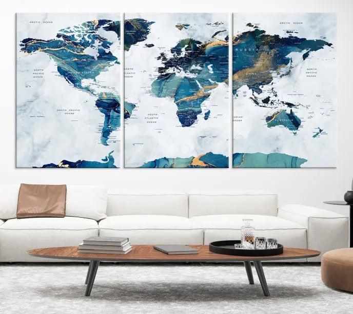 Blue Green World Map Wall Art Canvas Print 