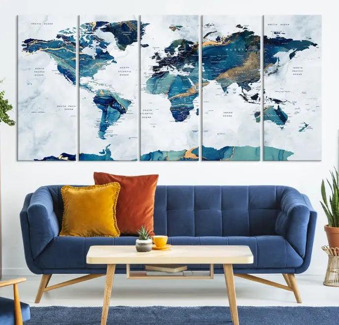 Blue Green World Map Wall Art Canvas Print 