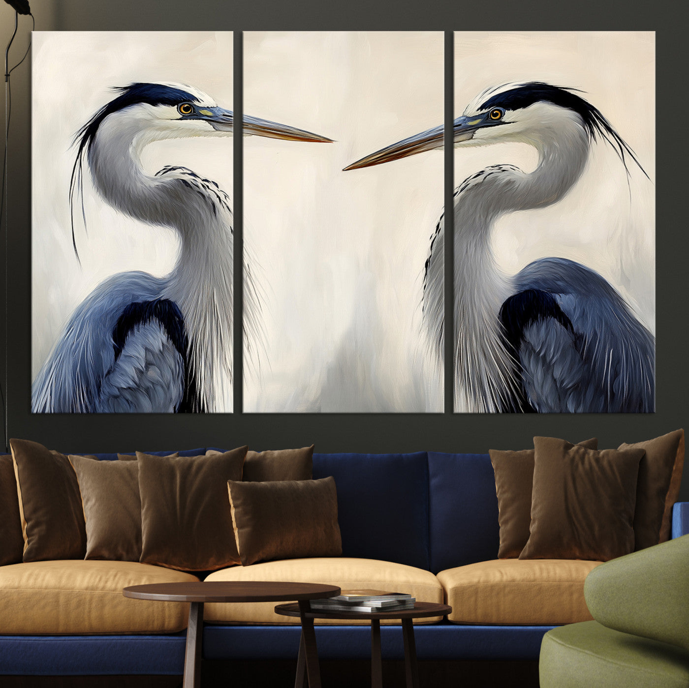 18230556-MGV-CV-36X24-Blue Heron Pair Art Canvas Print, Coastal Bird Theme Print, Framed Tranquil Wildlife Scene Art Print, Large Nature Inspired Decor