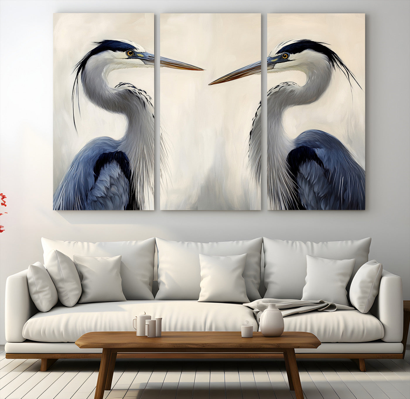 18230556-MGV-CV-48X32-3P-Blue Heron Pair Art Canvas Print, Coastal Bird Theme Print, Framed Tranquil Wildlife Scene Art Print, Large Nature Inspired Decor