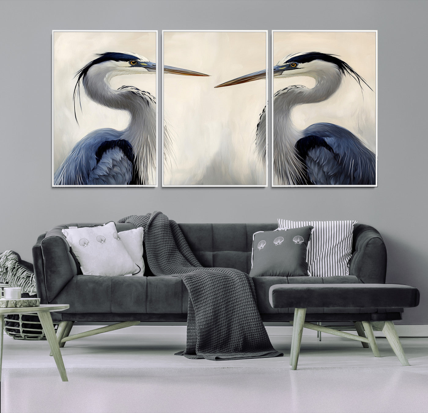 18230556-MGV-FC-60X30-3P_White-Blue Heron Pair Art Canvas Print, Coastal Bird Theme Print, Framed Tranquil Wildlife Scene Art Print, Large Nature Inspired Decor