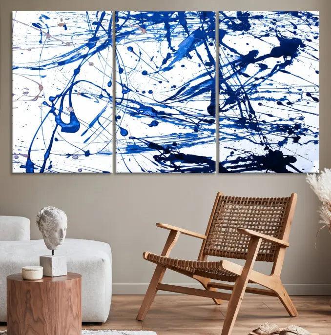 The Blue Ink Splash Wall Art Canvas Print Success is a triptych abstract piece featuring blue splatters on a clean white background. Crafted on gallery-wrapped canvases of museum quality, it includes a UV-protective coating to maintain its vibrant allure for years.