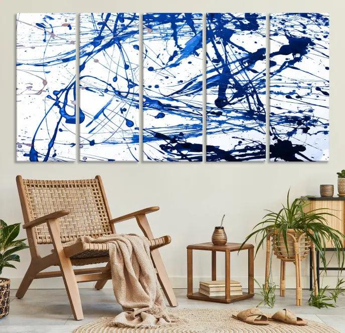 The Blue Ink Splash Wall Art Canvas Print Success is a triptych abstract piece featuring blue splatters on a clean white background. Crafted on gallery-wrapped canvases of museum quality, it includes a UV-protective coating to maintain its vibrant allure for years.