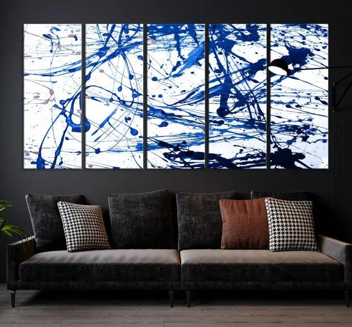 The Blue Ink Splash Wall Art Canvas Print Success is a triptych abstract piece featuring blue splatters on a clean white background. Crafted on gallery-wrapped canvases of museum quality, it includes a UV-protective coating to maintain its vibrant allure for years.