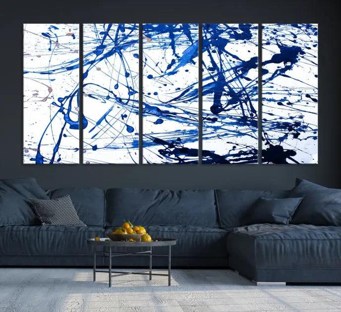 The Blue Ink Splash Wall Art Canvas Print Success is a triptych abstract piece featuring blue splatters on a clean white background. Crafted on gallery-wrapped canvases of museum quality, it includes a UV-protective coating to maintain its vibrant allure for years.