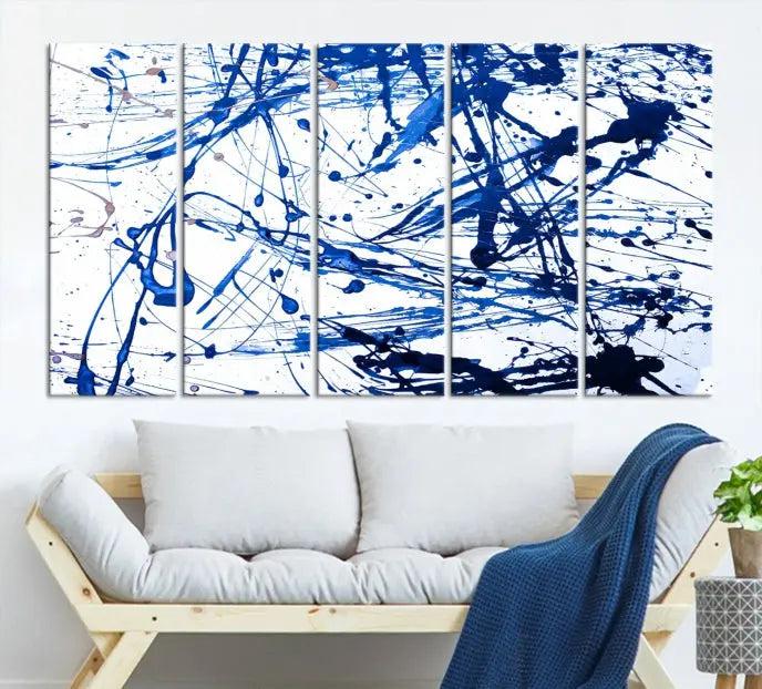 The Blue Ink Splash Wall Art Canvas Print Success is a triptych abstract piece featuring blue splatters on a clean white background. Crafted on gallery-wrapped canvases of museum quality, it includes a UV-protective coating to maintain its vibrant allure for years.