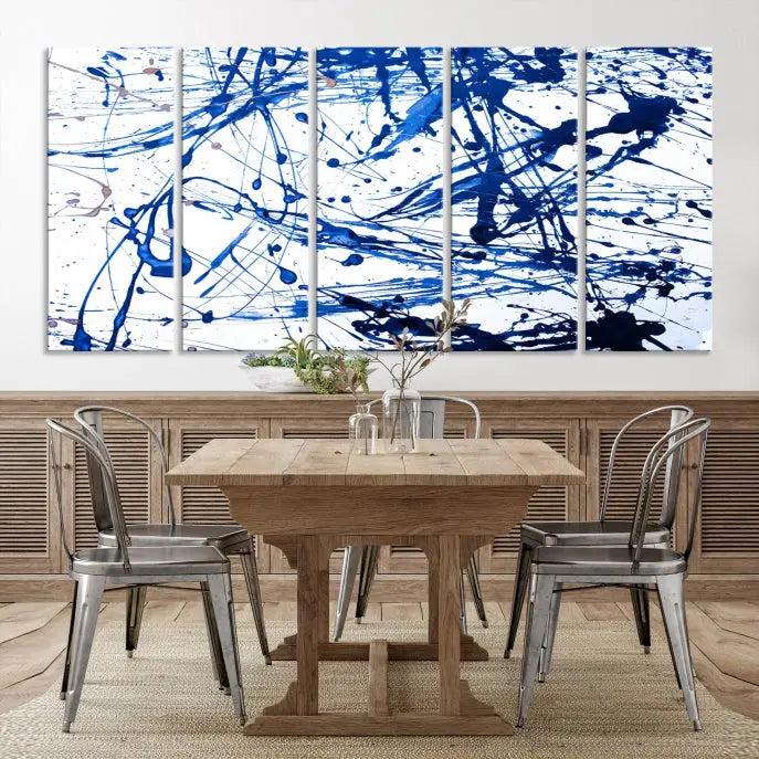 The Blue Ink Splash Wall Art Canvas Print Success is a triptych abstract piece featuring blue splatters on a clean white background. Crafted on gallery-wrapped canvases of museum quality, it includes a UV-protective coating to maintain its vibrant allure for years.