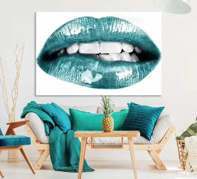 The "Blue Lips Wall Art Canvas Print," a contemporary three-panel piece, serves as a striking centerpiece in the room.