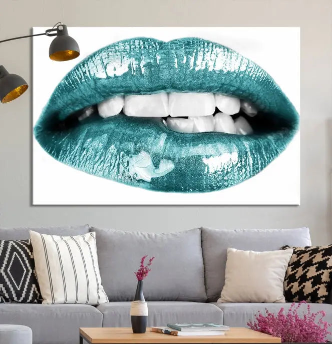 The "Blue Lips Wall Art Canvas Print," a contemporary three-panel piece, serves as a striking centerpiece in the room.