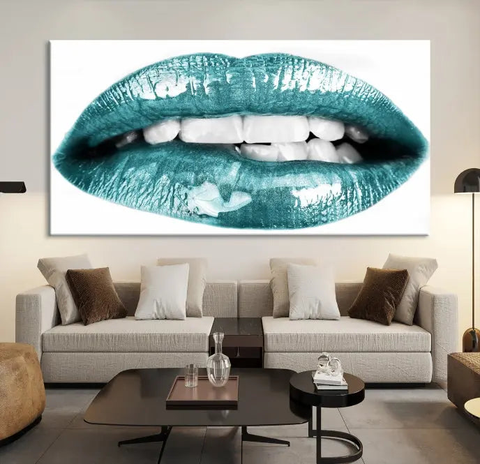 The "Blue Lips Wall Art Canvas Print," a contemporary three-panel piece, serves as a striking centerpiece in the room.