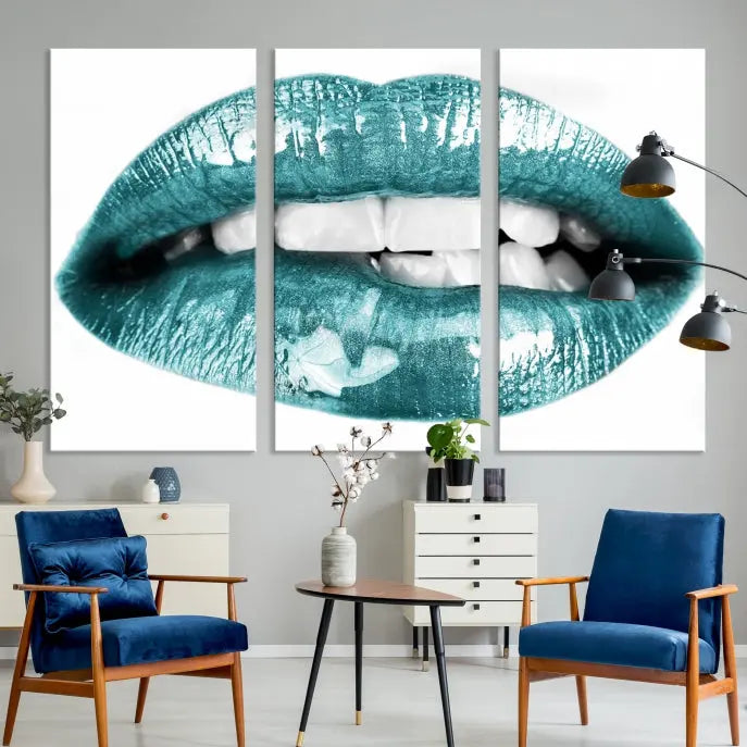 The "Blue Lips Wall Art Canvas Print," a contemporary three-panel piece, serves as a striking centerpiece in the room.