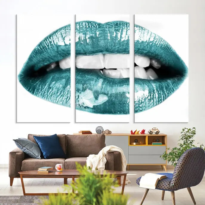 The "Blue Lips Wall Art Canvas Print," a contemporary three-panel piece, serves as a striking centerpiece in the room.