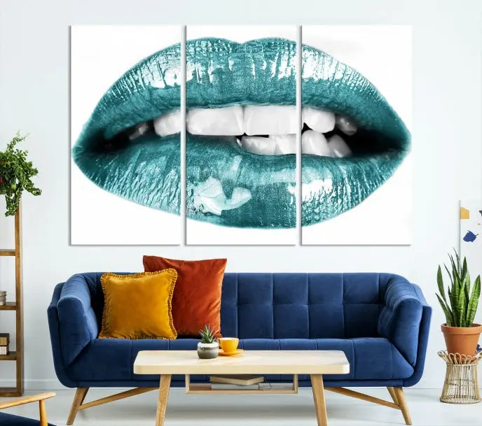 Blue Lips Wall Art Canvas Print- for Living Room, Office and Farmhouse Wall Decor