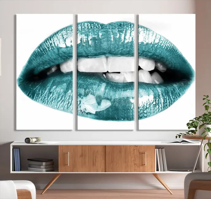 Blue Lips Wall Art Canvas Print- for Living Room, Office and Farmhouse Wall Decor