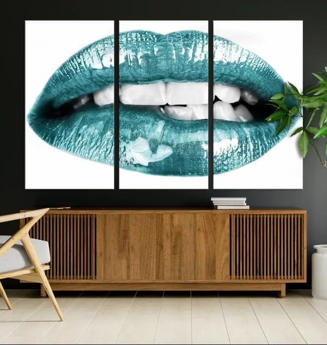 The "Blue Lips Wall Art Canvas Print," a contemporary three-panel piece, serves as a striking centerpiece in the room.