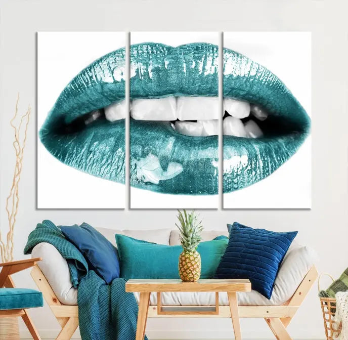 The "Blue Lips Wall Art Canvas Print," a contemporary three-panel piece, serves as a striking centerpiece in the room.