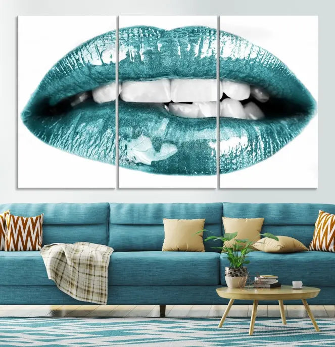 The "Blue Lips Wall Art Canvas Print," a contemporary three-panel piece, serves as a striking centerpiece in the room.