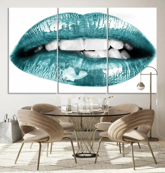 The "Blue Lips Wall Art Canvas Print," a contemporary three-panel piece, serves as a striking centerpiece in the room.