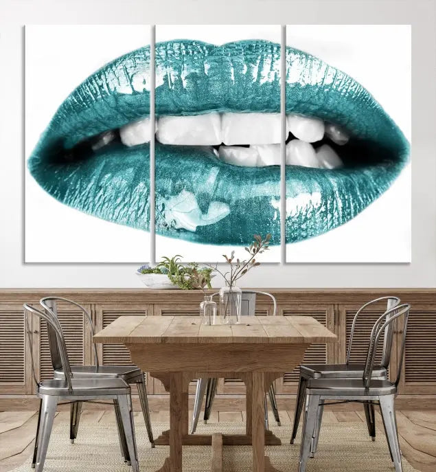 The "Blue Lips Wall Art Canvas Print," a contemporary three-panel piece, serves as a striking centerpiece in the room.