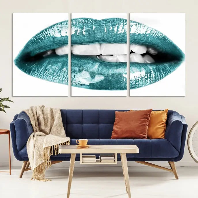 The "Blue Lips Wall Art Canvas Print," a contemporary three-panel piece, serves as a striking centerpiece in the room.