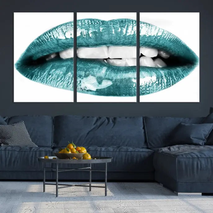 The "Blue Lips Wall Art Canvas Print," a contemporary three-panel piece, serves as a striking centerpiece in the room.