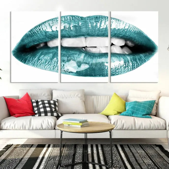 The "Blue Lips Wall Art Canvas Print," a contemporary three-panel piece, serves as a striking centerpiece in the room.