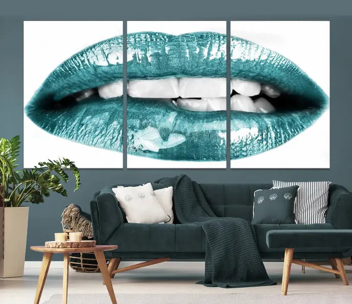 The "Blue Lips Wall Art Canvas Print," a contemporary three-panel piece, serves as a striking centerpiece in the room.