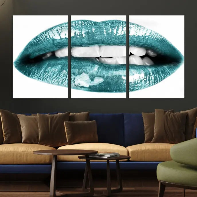 The "Blue Lips Wall Art Canvas Print," a contemporary three-panel piece, serves as a striking centerpiece in the room.