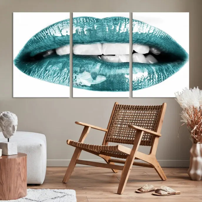 The "Blue Lips Wall Art Canvas Print," a contemporary three-panel piece, serves as a striking centerpiece in the room.