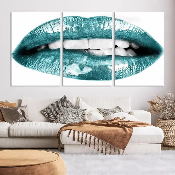 The "Blue Lips Wall Art Canvas Print," a contemporary three-panel piece, serves as a striking centerpiece in the room.