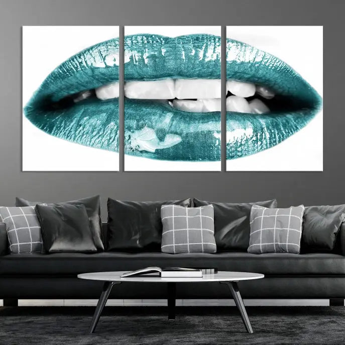 The "Blue Lips Wall Art Canvas Print," a contemporary three-panel piece, serves as a striking centerpiece in the room.