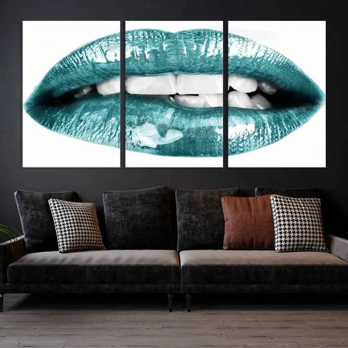 The "Blue Lips Wall Art Canvas Print," a contemporary three-panel piece, serves as a striking centerpiece in the room.