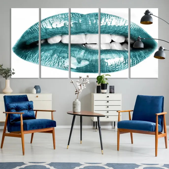 The "Blue Lips Wall Art Canvas Print," a contemporary three-panel piece, serves as a striking centerpiece in the room.