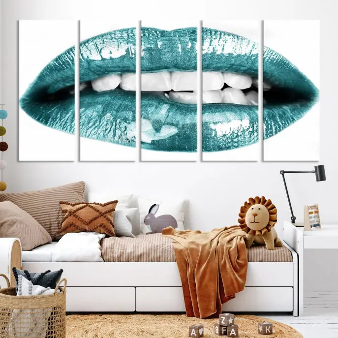 The "Blue Lips Wall Art Canvas Print," a contemporary three-panel piece, serves as a striking centerpiece in the room.