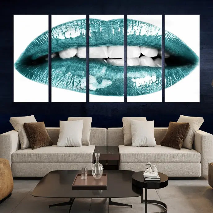 The "Blue Lips Wall Art Canvas Print," a contemporary three-panel piece, serves as a striking centerpiece in the room.