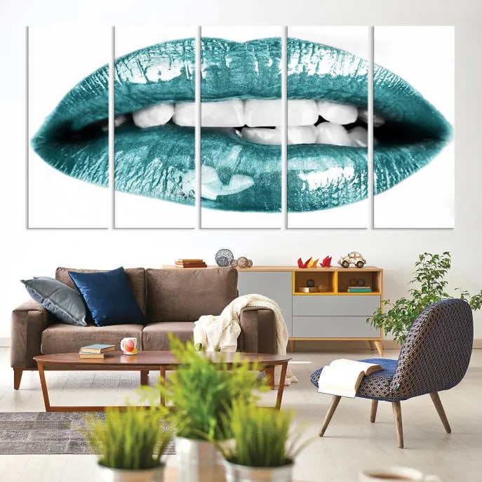 The "Blue Lips Wall Art Canvas Print," a contemporary three-panel piece, serves as a striking centerpiece in the room.