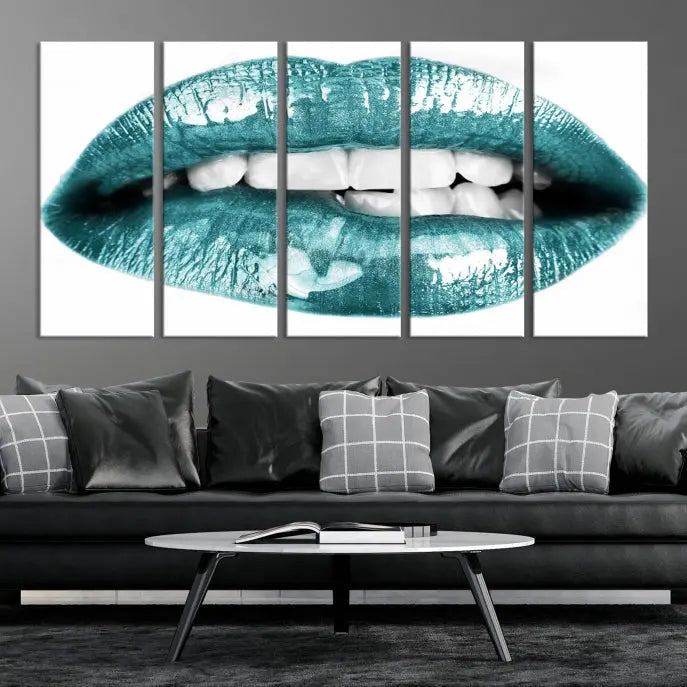 The "Blue Lips Wall Art Canvas Print," a contemporary three-panel piece, serves as a striking centerpiece in the room.