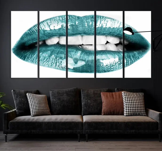 The "Blue Lips Wall Art Canvas Print," a contemporary three-panel piece, serves as a striking centerpiece in the room.