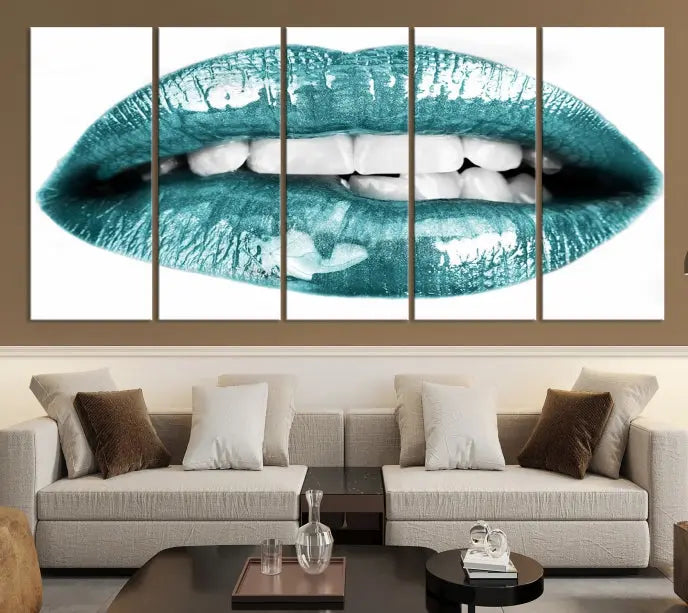 The "Blue Lips Wall Art Canvas Print," a contemporary three-panel piece, serves as a striking centerpiece in the room.