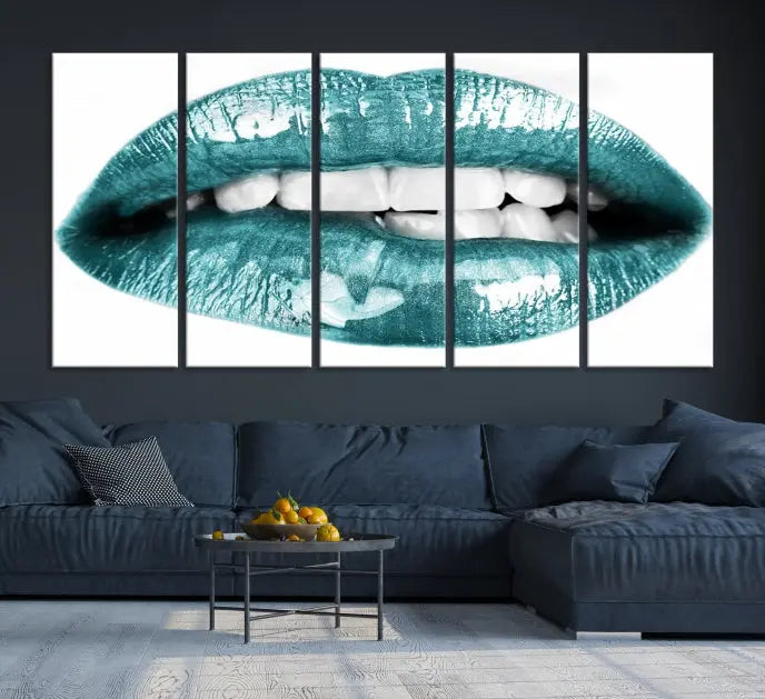 The "Blue Lips Wall Art Canvas Print," a contemporary three-panel piece, serves as a striking centerpiece in the room.