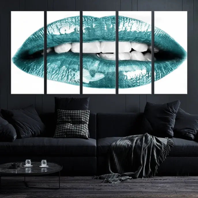 The "Blue Lips Wall Art Canvas Print," a contemporary three-panel piece, serves as a striking centerpiece in the room.