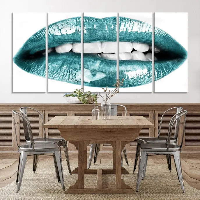 The "Blue Lips Wall Art Canvas Print," a contemporary three-panel piece, serves as a striking centerpiece in the room.