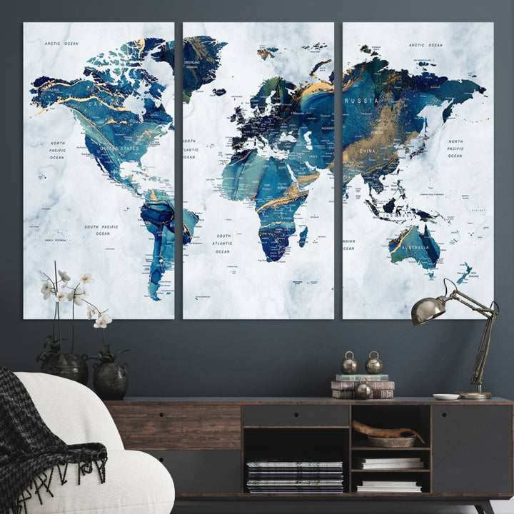 Blue Marble Abstract World Map Wall Art Canvas, Blue Marble Abstract World Map Canvas Print