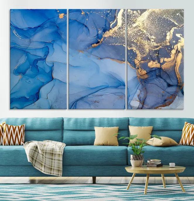 The "Blue Marble Effect Wall Art Abstract Canvas Wall Art Print" showcases an exquisite blend of blue and gold hues. This hand-assembled piece is crafted on museum-quality canvas and includes a UV-protective coating to preserve its vibrant colors over time.