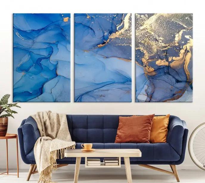 The "Blue Marble Effect Wall Art Abstract Canvas Wall Art Print" showcases an exquisite blend of blue and gold hues. This hand-assembled piece is crafted on museum-quality canvas and includes a UV-protective coating to preserve its vibrant colors over time.