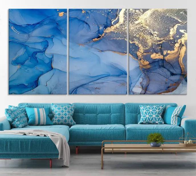 The "Blue Marble Effect Wall Art Abstract Canvas Wall Art Print" showcases an exquisite blend of blue and gold hues. This hand-assembled piece is crafted on museum-quality canvas and includes a UV-protective coating to preserve its vibrant colors over time.