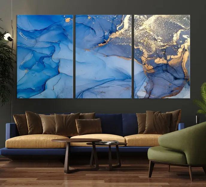 The "Blue Marble Effect Wall Art Abstract Canvas Wall Art Print" showcases an exquisite blend of blue and gold hues. This hand-assembled piece is crafted on museum-quality canvas and includes a UV-protective coating to preserve its vibrant colors over time.