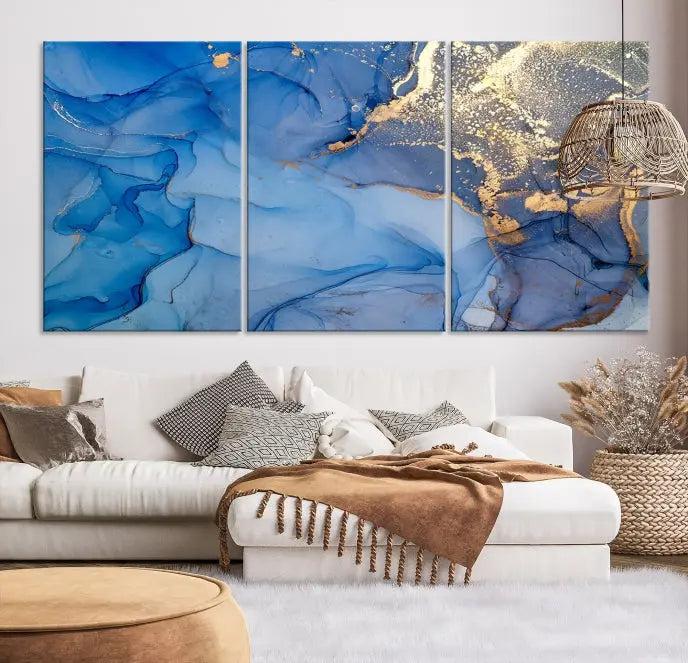 The "Blue Marble Effect Wall Art Abstract Canvas Wall Art Print" showcases an exquisite blend of blue and gold hues. This hand-assembled piece is crafted on museum-quality canvas and includes a UV-protective coating to preserve its vibrant colors over time.